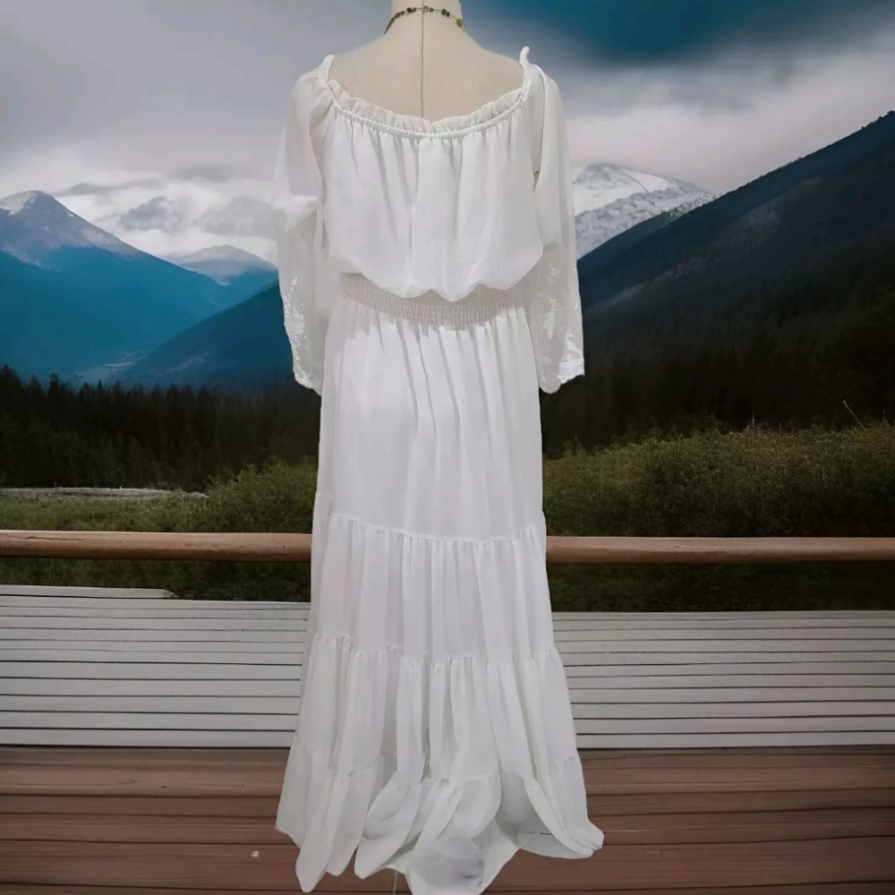 White Maxi Tiered Boho Wedding Festival Embroidered sleeve Dress US Medium - Picture 2 of 5